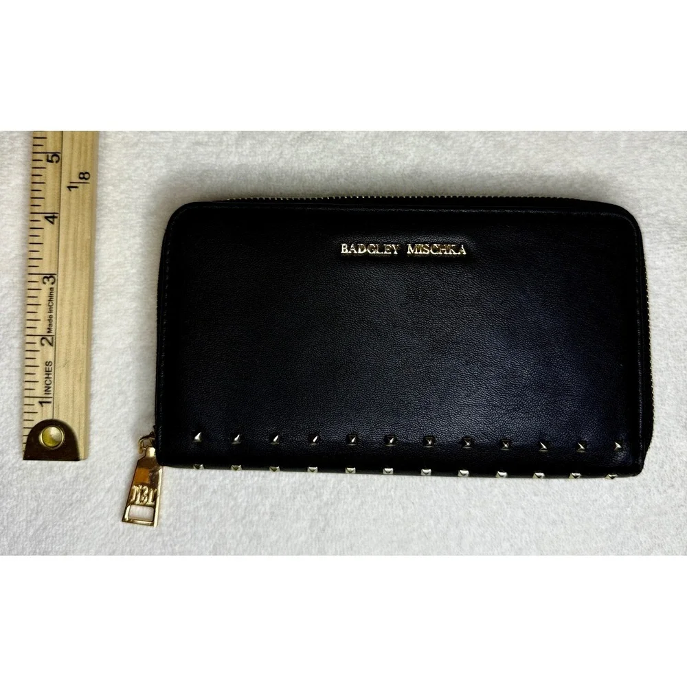Badgley Mischka Black Studded Zip Around Wallet Gold Hardware Logo Long Clutch